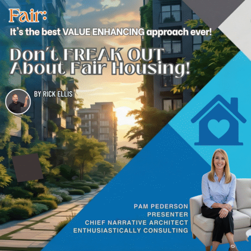Promotional graphic for the webinar "Don't FREAK OUT About Fair Housing" featuring the title text and illustrative housing icons